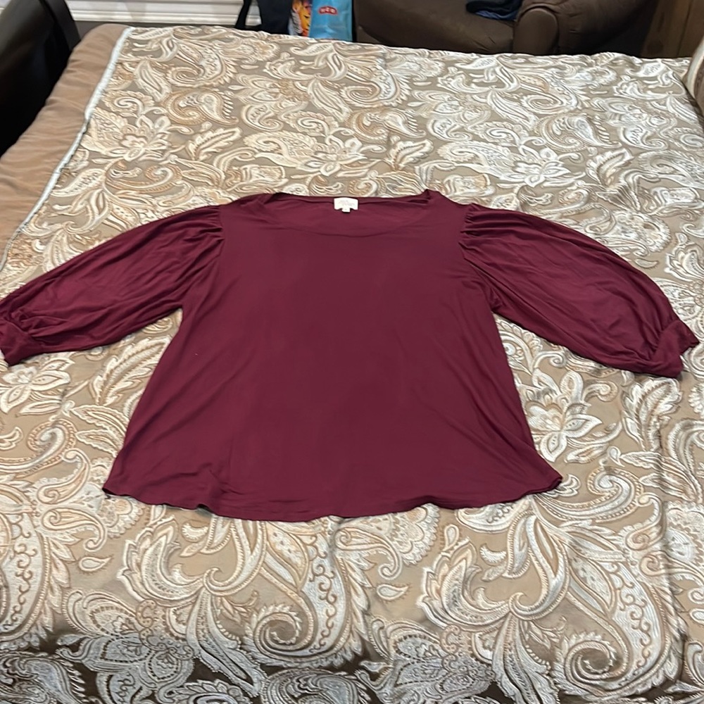 Ava James, 96% Rayon, 4% spandex , burgundy blouse